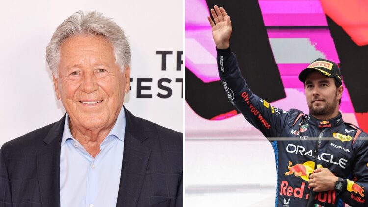 Mario Andretti (left) at the Tribeca Festival, Sergio Perez (right) on the podium at the Chinese Grand Prix