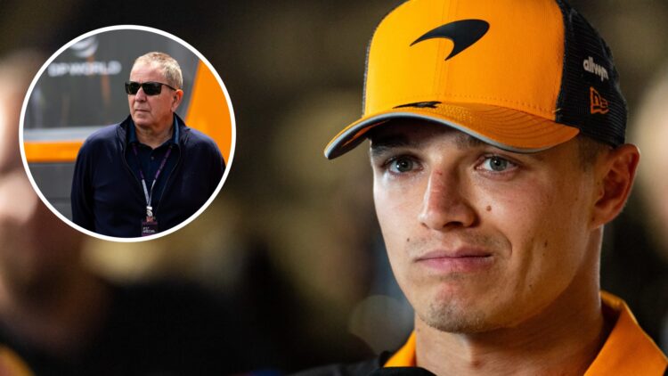 McLaren driver Lando Norris reacts after crashing in qualifying for the 2025 F1 Saudi Arabian Grand Prix with an inset of Martin Brundle