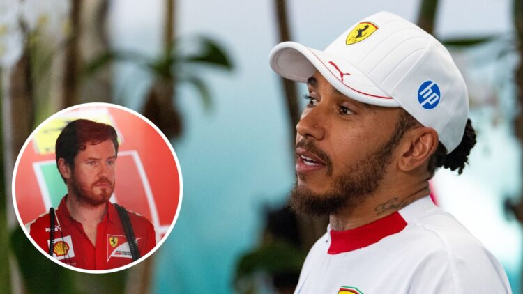 Ferrari driver Lewis Hamilton speaks to the media at the 2025 F1 Miami Grand Prix with an inset of Rob Smedley