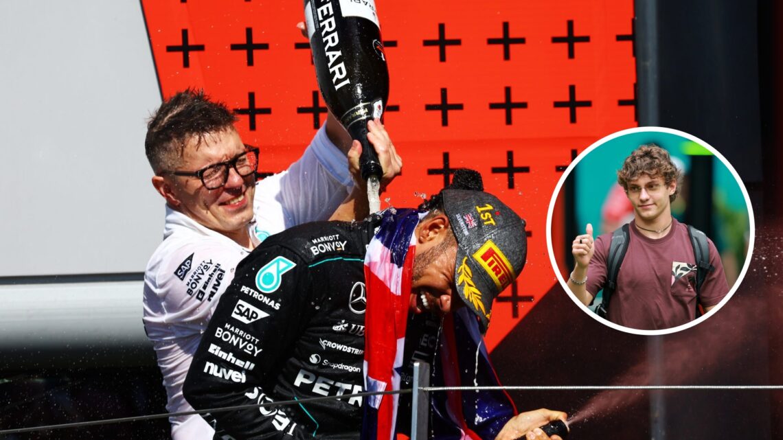Image of Mercedes engineer Peter Bonnington celebrating with Lewis Hamilton on the F1 podium with an inset of Kimi Antonelli