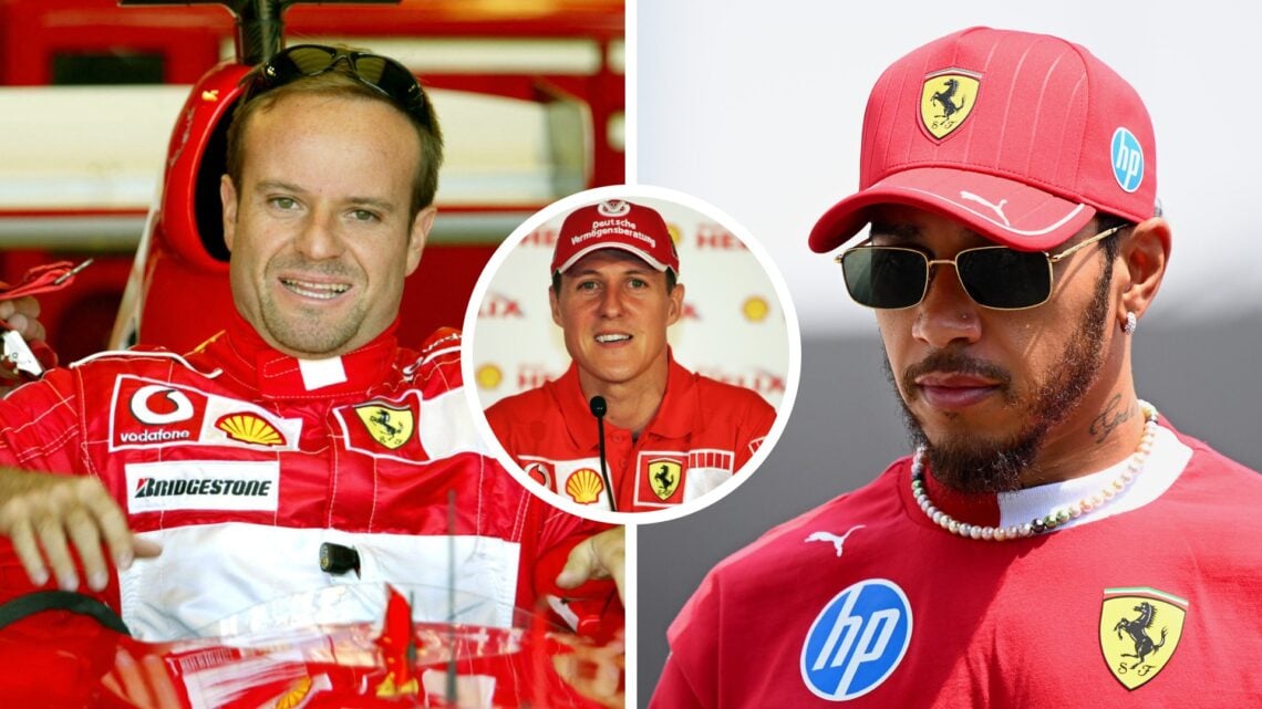 Split image of Rubens Barrichello (L) and Lewis Hamilton (R) at the 2025 Saudi Arabian Grand Prix. inset Michael Schumacher