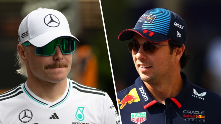 Mercedes 2025 F1 reserve driver Valtteri Bottas and Red Bull 2024 F1 driver Sergio Perez walk through paddocks