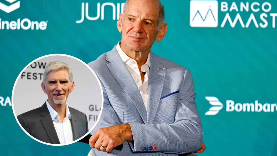 Adrian Newey at his Aston Martin F1 launch with an inset of Damon Hill