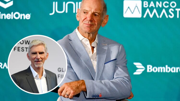 Adrian Newey at his Aston Martin F1 launch with an inset of Damon Hill