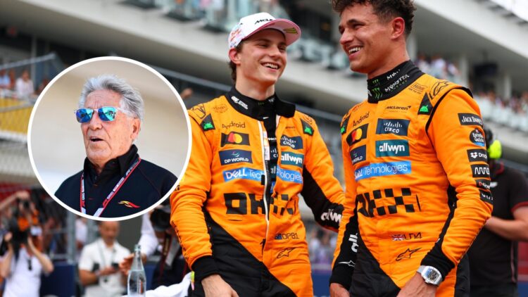 Oscar Piastri and Lando Norris after Miami GP Sprint. Inset: Mario Andretti.