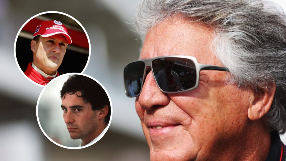 Mario Andretti at the 2013 United States Grand Prix with insets of Michael Schumacher and Ayrton Senna