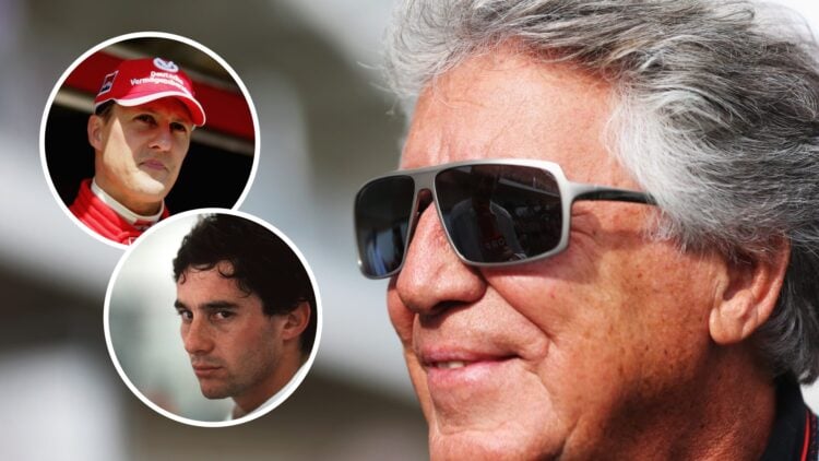 Mario Andretti at the 2013 United States Grand Prix with insets of Michael Schumacher and Ayrton Senna