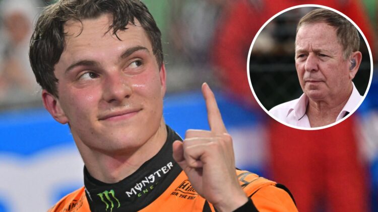 McLaren driver Oscar Piastri celebrates winning the 2025 F1 Saudi Arabian Grand Prix with an inset of Martin Brundle