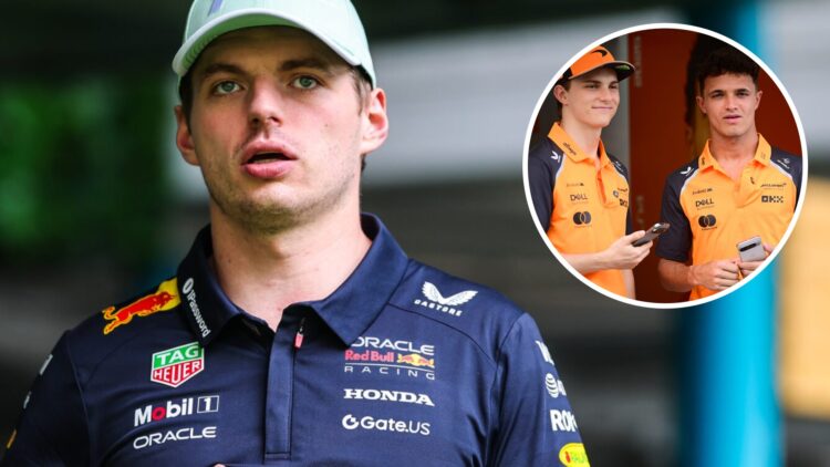 Red Bull driver Max Verstappen in the 2025 F1 Miami Grand Prix paddock with an inset of McLaren teammates Oscar Piastri and Lando Norris