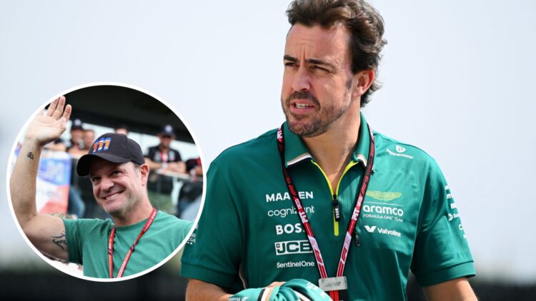 Aston Martin driver Fernando Alonso, inset Ruben Barrichello at the 2018 Sao Paulo Grand Prix