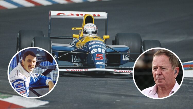 Nigel Mansell drives for Williams during the 1991 Formula 1 season with an inset of Martin Brundle