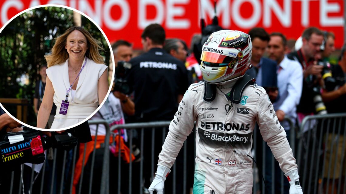 Image of Lewis Hamilton celebrating for Mercedes in 2015 with an inset of Ruth Buscombe in the F1 paddock