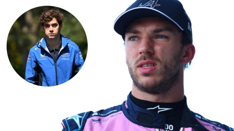 Alpine driver Pierre Gasly reacts in the pit lane after the 2025 F1 Miami Sprint with an inset of Franco Colapinto