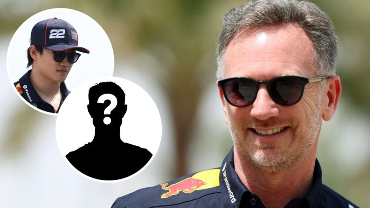 Red Bull team principal Christian Horner before practice at the 2025 F1 Bahrain Grand Prix with an inset of Yuki Tsunoda