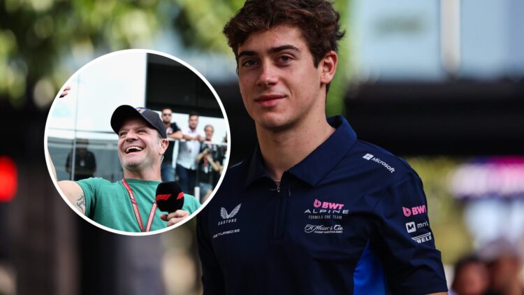 Franco Colapinto racing for Alpine. Inset: Rubens Barrichello.