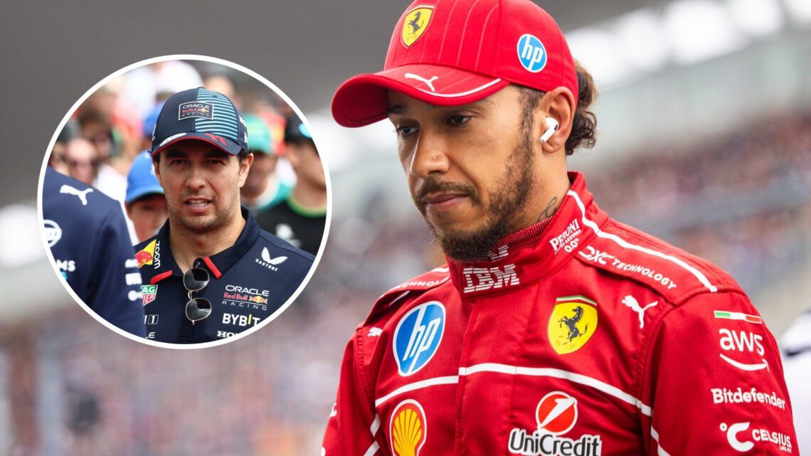 Lewis Hamilton (right) at the 2025 Chinese Grand Prix, inset, Sergio Perez, at the 2024 Hungarian Grand Prix