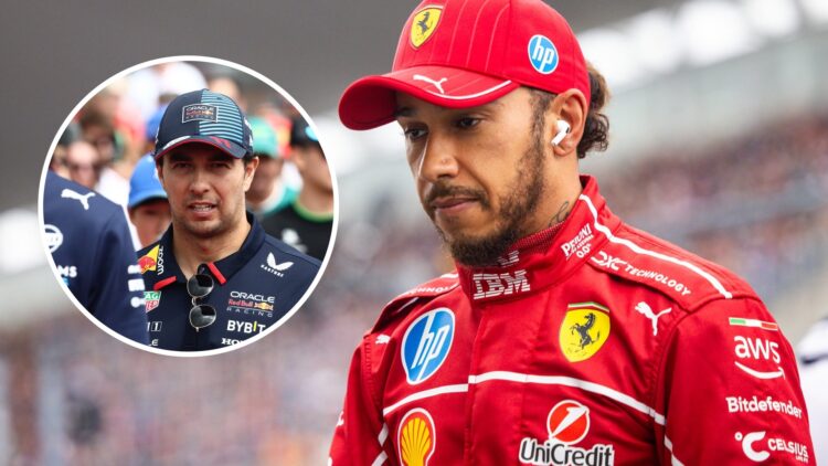 Lewis Hamilton (right) at the 2025 Chinese Grand Prix, inset, Sergio Perez, at the 2024 Hungarian Grand Prix