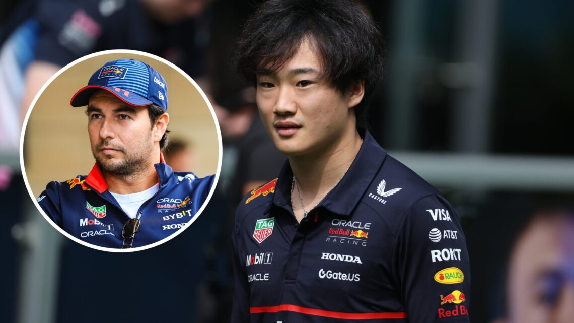 Yuki Tsunoda (centre) at the Miami Grand Prix, inset, Sergio Perez sitting down at the Qatar Grand Prix