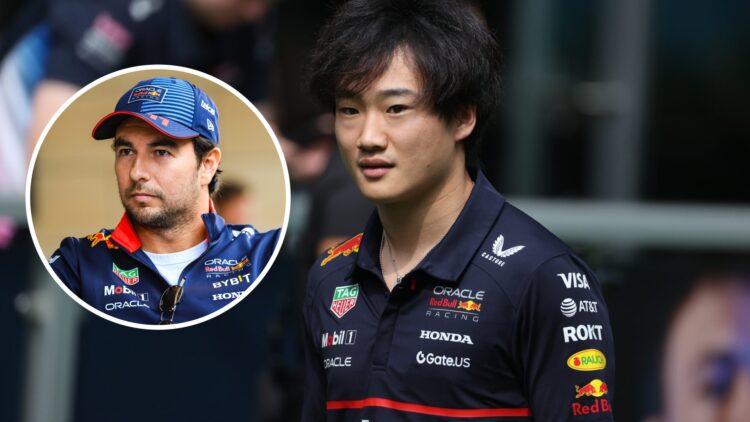 Yuki Tsunoda (centre) at the Miami Grand Prix, inset, Sergio Perez sitting down at the Qatar Grand Prix