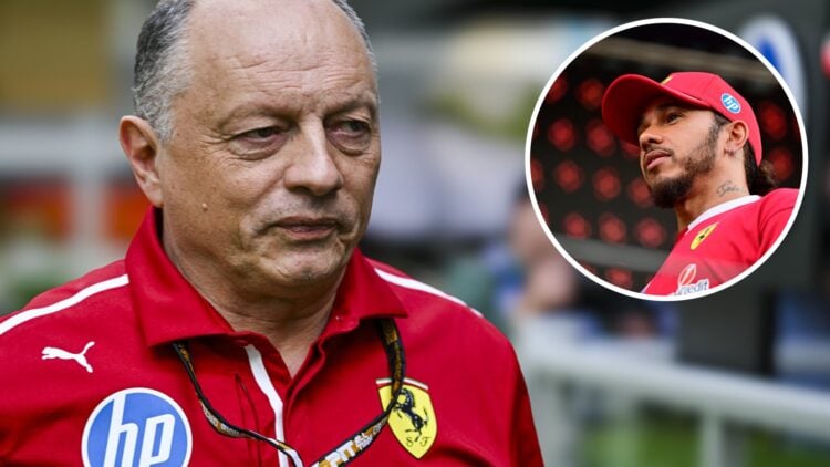 Ferrari team principal Fred Vasseur in the F1 paddock in Miami with an inset of Lewis Hamilton in Saudi Arabia