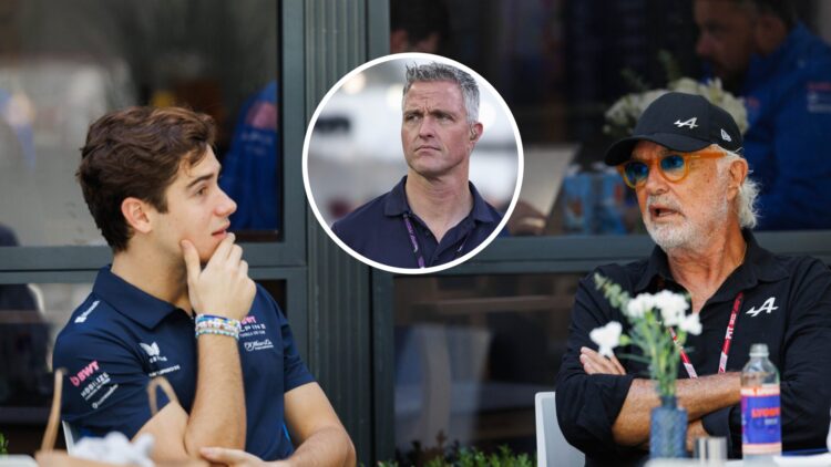 Flavio Briatore and Franco Colapinto talking in the Formula 1 paddock, inset, Ralf Schumacher