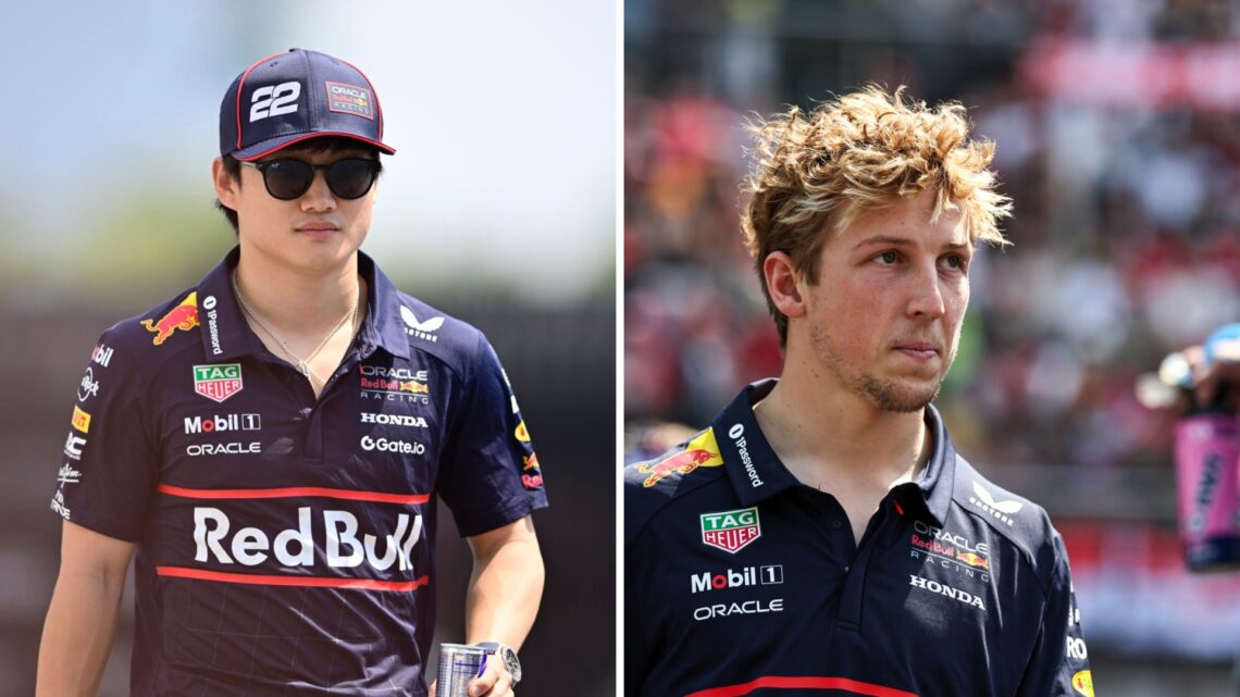 Split image of Yuki Tsunoda and Liam Lawson wearing Red Bull gear and walking in the F1 paddock
