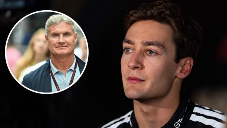 Mercedes driver George Russell speaks to the media in Saudi Arabia with an inset of David Coulthard