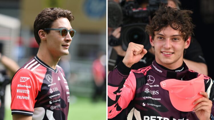 Split image of George Russell (L) and Kimi Antonelli (R) at the 2025 Miami Grand Prix