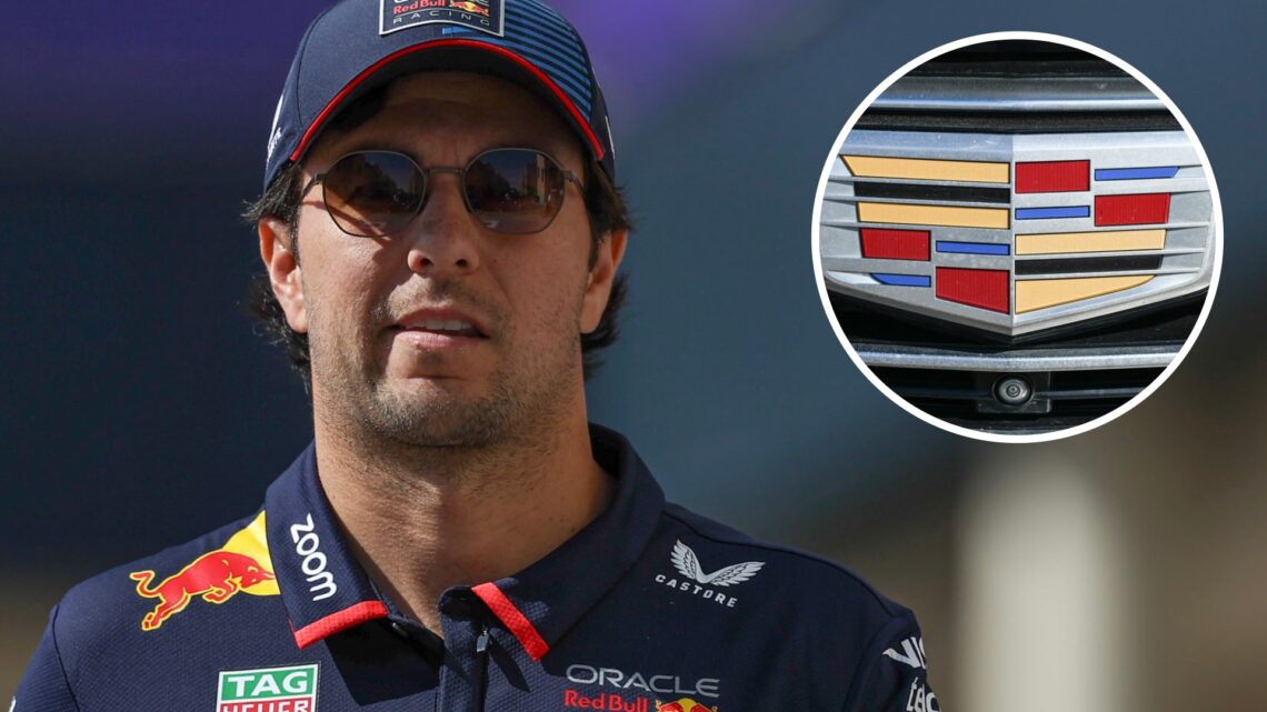 Red Bull driver Sergio Perez walks through the 2024 F1 Abu Dhabi Grand Prix paddock with an inset of the Cadillac logo