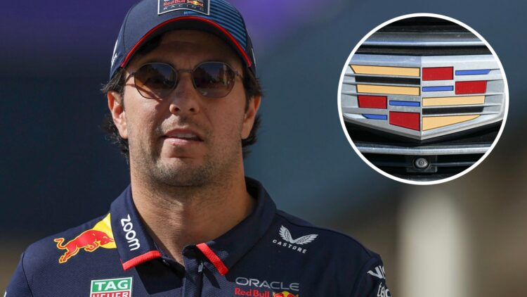 Red Bull driver Sergio Perez walks through the 2024 F1 Abu Dhabi Grand Prix paddock with an inset of the Cadillac logo