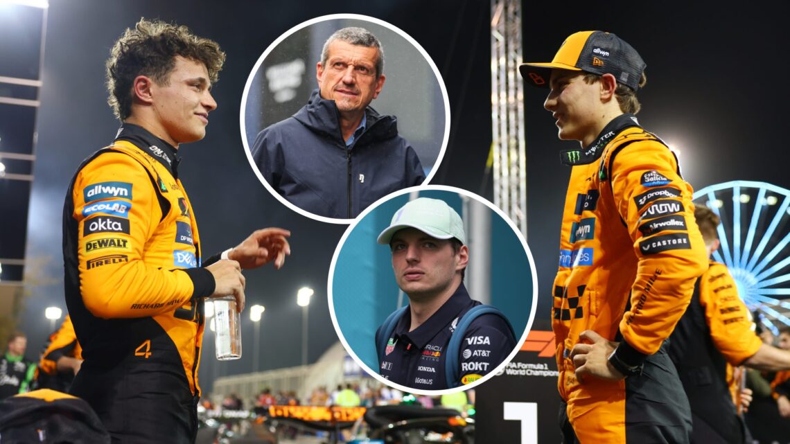Lando Norris and Oscar Piastri at the 2025 Bahrain Grand Prix, insets Max Verstappen and Guenther Steiner