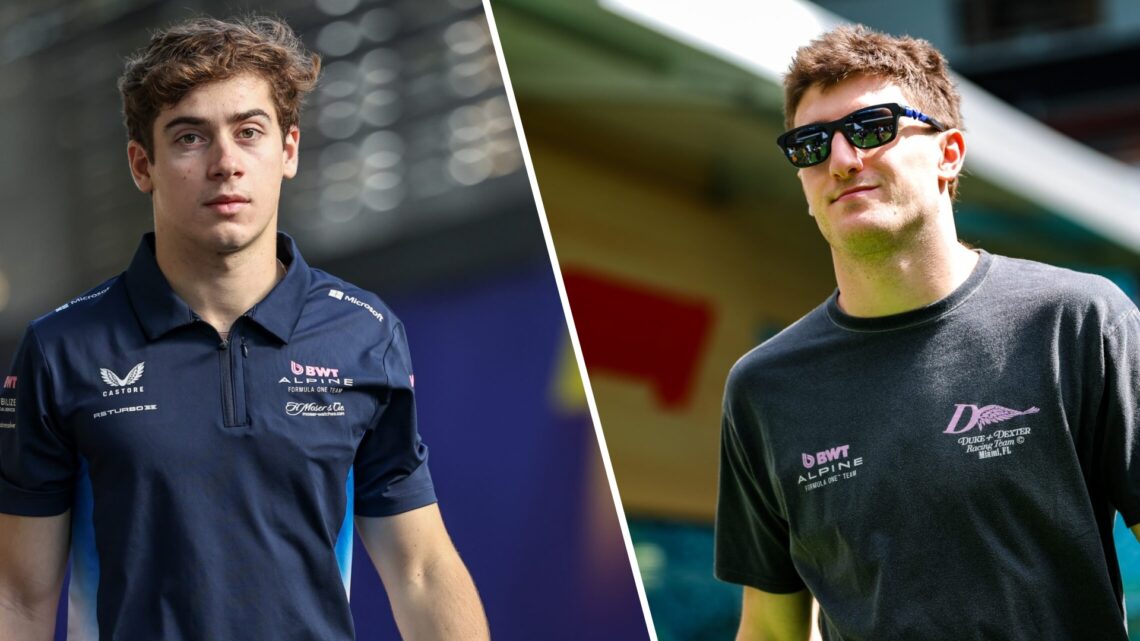 Split image of Alpine driver Franco Colapinto and predecessor Jack Doohan, both walking in the F1 paddock