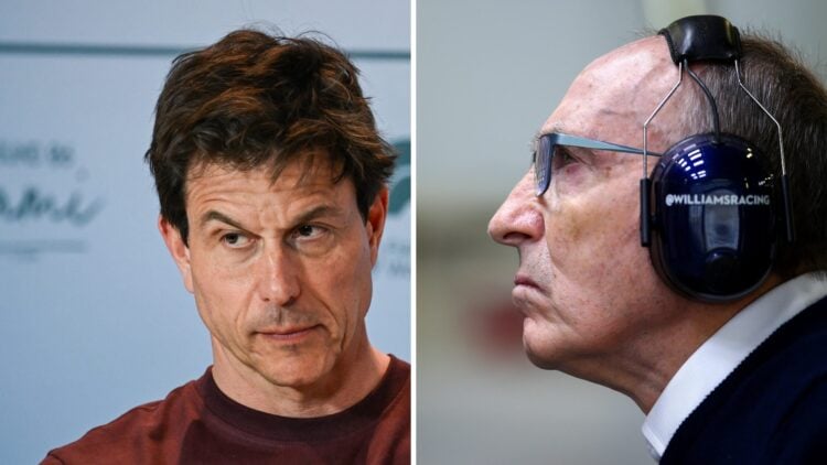 Mercedes team principal Toto Wolff (left), Sir Frank Williams at the Russian Grand Prix (right)