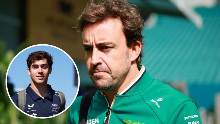 Fernando Alonso of Aston Martin during the 2025 F1 season and Franco Colapinto of Alpine