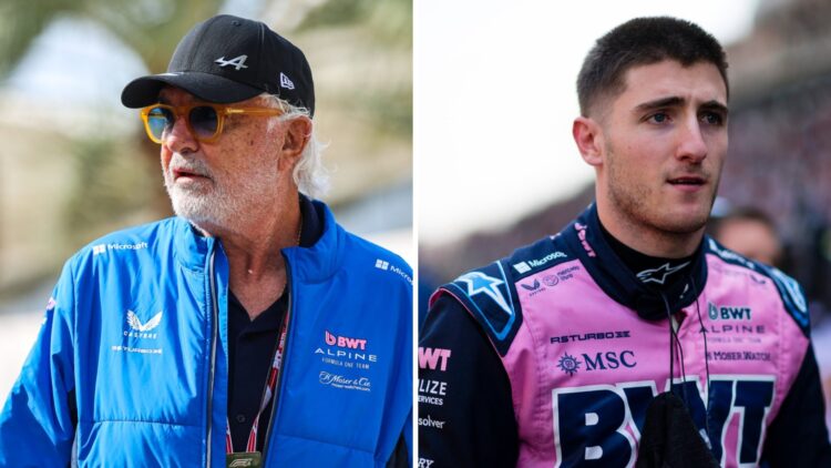 Split image of Alpine boss Flavio Briatore looking on in the F1 paddock and Jack Doohan standing on the grid