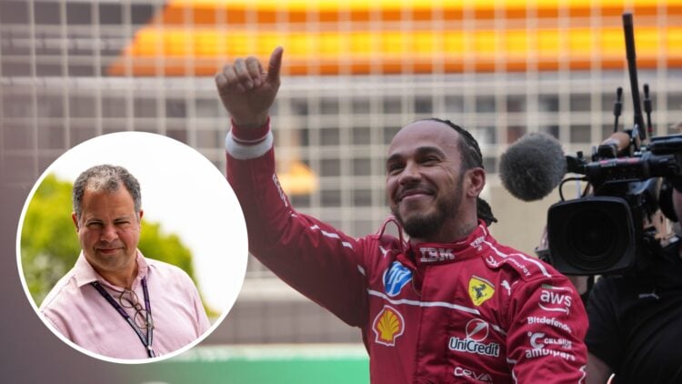 Lewis Hamilton celebrates his Sprint win at the 2025 Chinese Grand Prix, inset Ted Kravitz