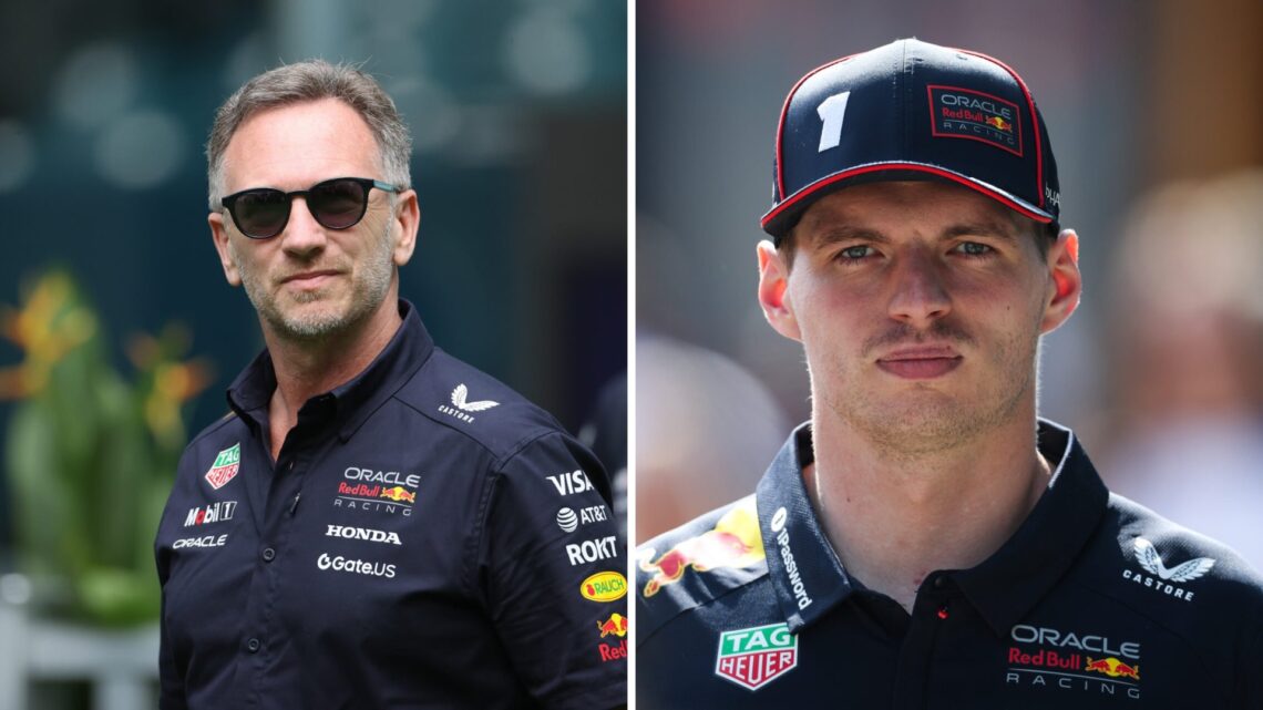 Split image of Red Bull team principal Christian Horner and Max Verstappen, both walking in the F1 paddock