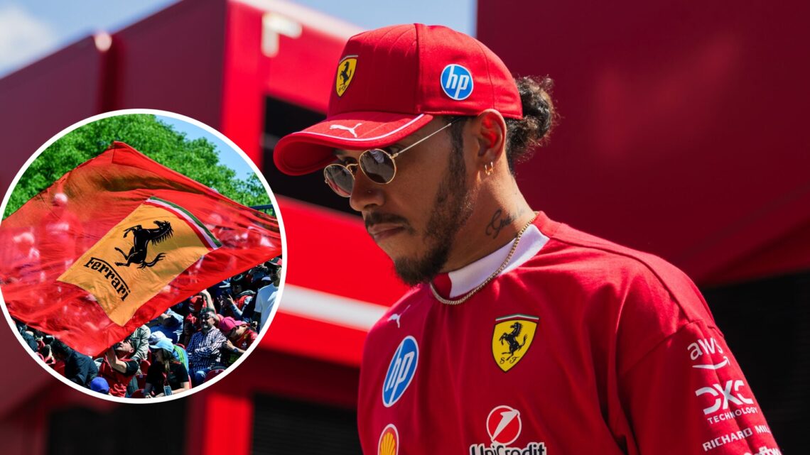 Image of Lewis Hamilton walking in the Imola paddock with an inset of Ferrari F1 fans