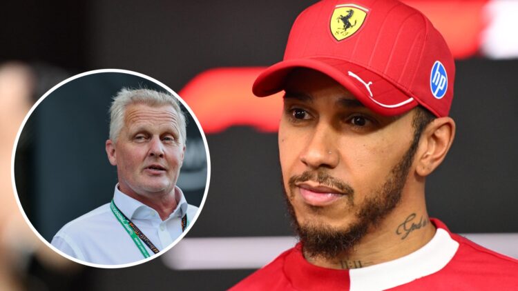 Lewis Hamilton doing interviews at the 2025 Bahrain Grand Prix, inset Johnny Herbert