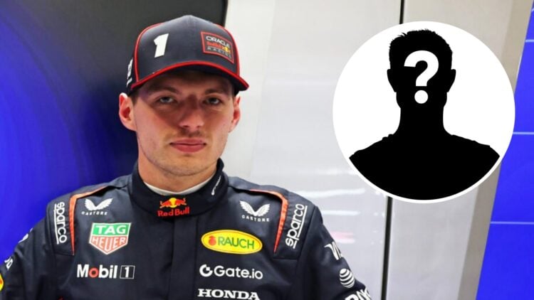 Red Bull driver Max Verstappen in the garage at the 2025 F1 Emilia Romagna Grand Prix at Imola with a mystery person inset