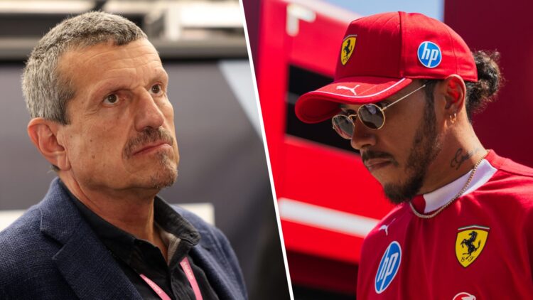 Guenther Steiner looks on in the Porsche garage during qualifying for the 2025 Miami Eprix and Ferrari F1 driver Lewis Hamilton walks through the I...
