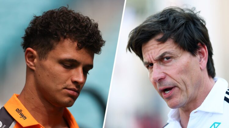 McLaren F1 driver Lando Norris in the 2025 Miami Grand Prix paddock and Mercedes team principal Toto Wolff in the Bahrain paddock
