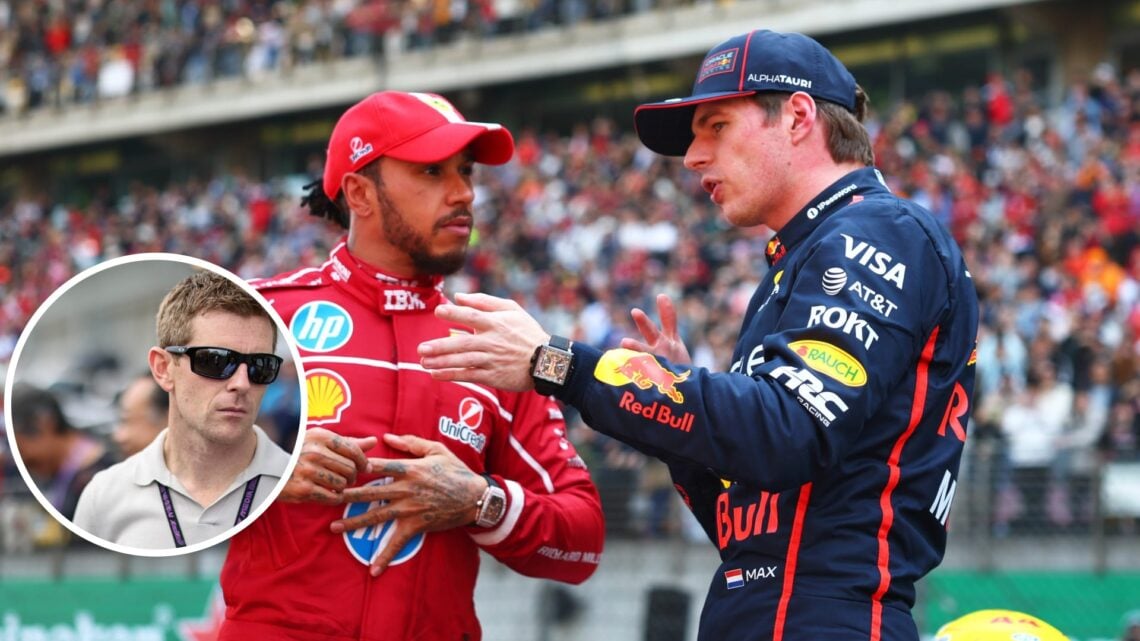 Image of Ferrari driver Lewis Hamilton speaking to Red Bull's Max Verstappen with an inset of Anthony Davidson