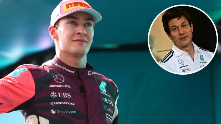 Mercedes driver George Russell celebrates P3 in the 2025 F1 Miami Grand Prix with an inset of Toto Wolff in the Bahrain paddock
