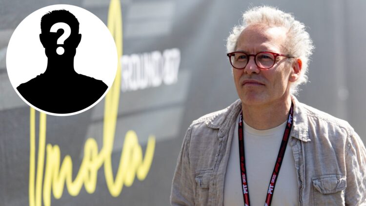 Jacques Villeneuve walks through the Imola paddock during practice for the 2025 F1 Emilia Romagna Grand Prix with a mystery person inset