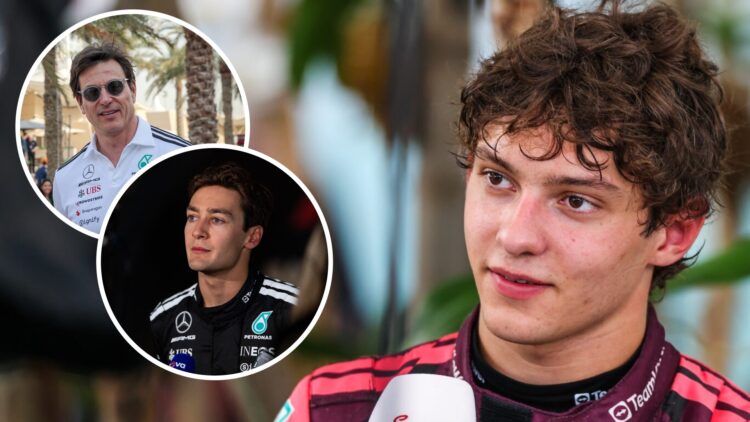 Mercedes driver Andrea Kimi Antonelli speaks to media after qualifying for the 2025 F1 Miami Grand Prix with insets of team principal Toto Wolff an...