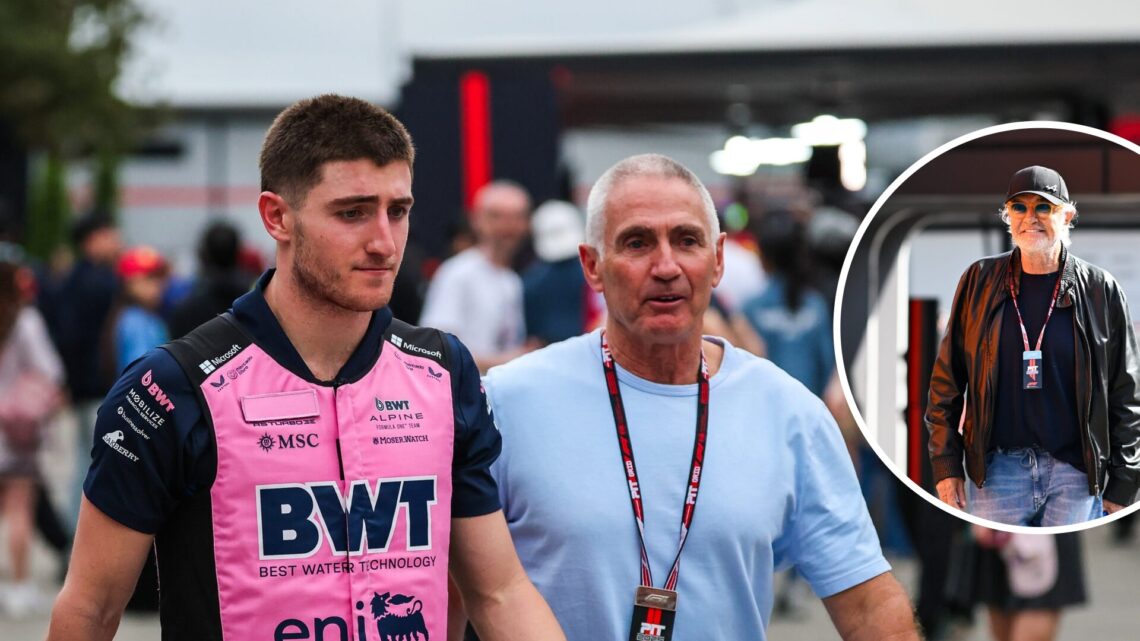 Image of Mick Doohan and Jack Doohan walking in the F1 paddock with an inset of Alpine boss Flavio Briatore