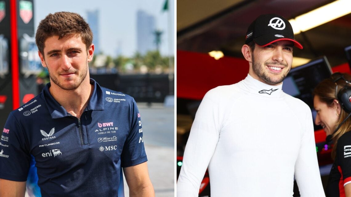 Split image of Alpine reserve driver Jack Doohan walking in the F1 paddock with an inset of Esteban Ocon in the Haas garage