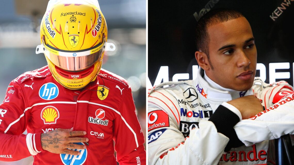Split image of Lewis Hamilton walking down the pit lane in Ferrari gear and sitting in the McLaren garage in 2009