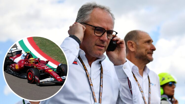 F1 CEO Stefano Domenicali, inset Lewis Hamilton at the 2025 Emilia Romagna Grand Prix